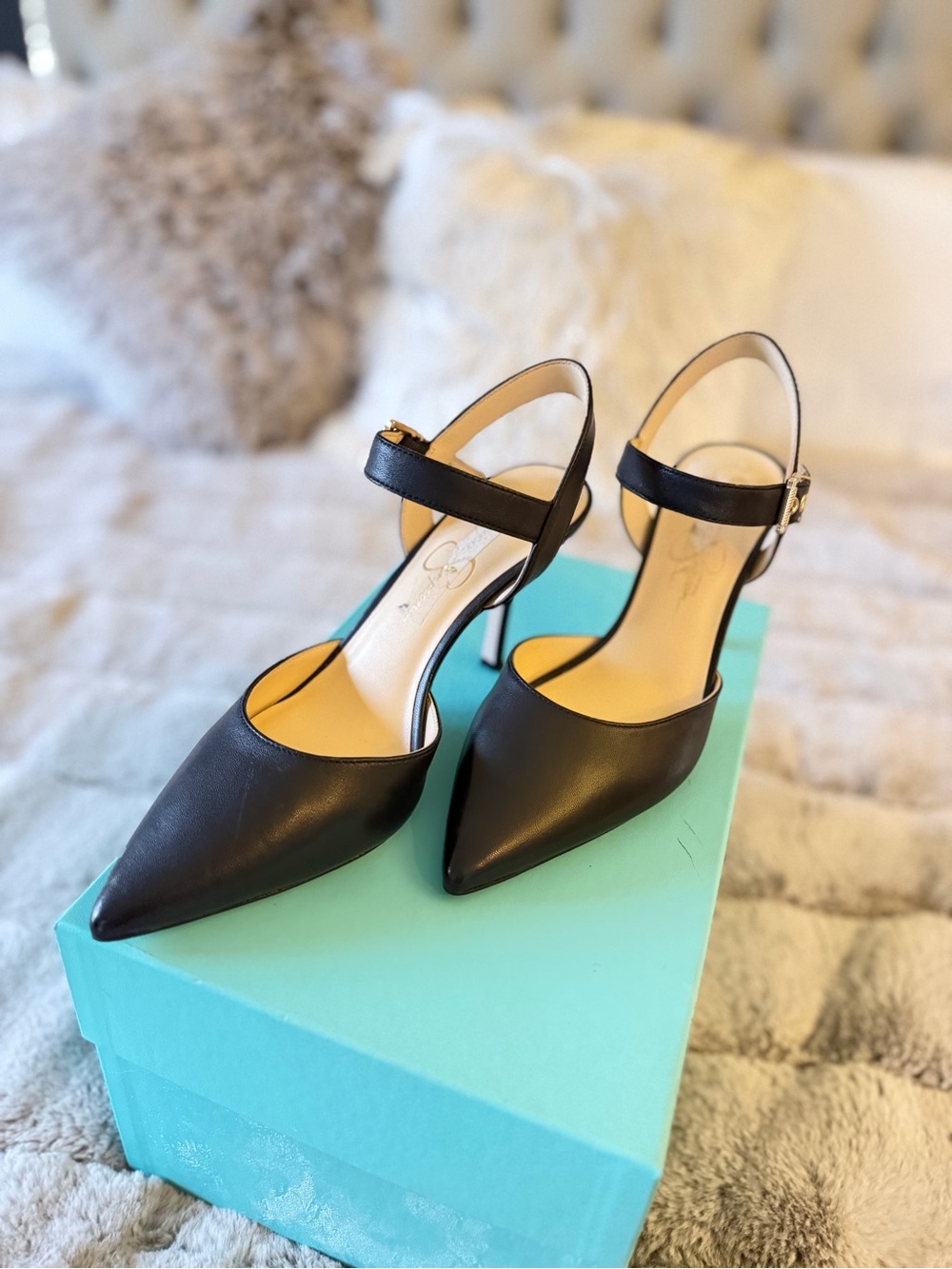 Jessica Simpson Black Pointed-Toe Ankle Strap Pumps